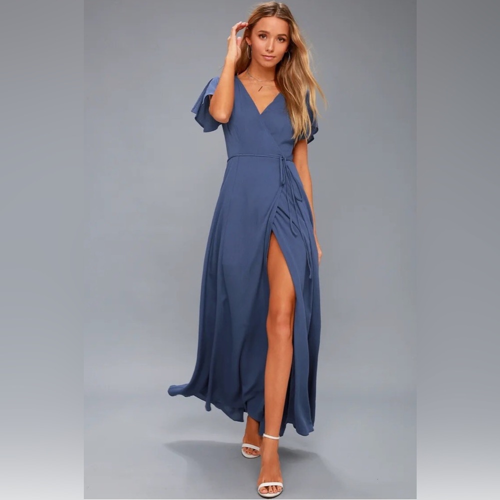 Lulus Heart of Marigold Denim Blue Wrap Maxi Dress, Size Medium